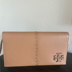 Tory Burch Tan Pebbled Leather crossbody with Logo Cutout